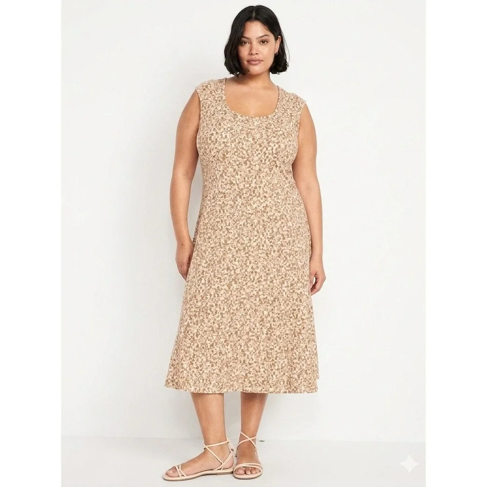 Old Navy Womens 2X Tan White Cheetah Animal Print Sleeveless‎ Shift Midi Dress